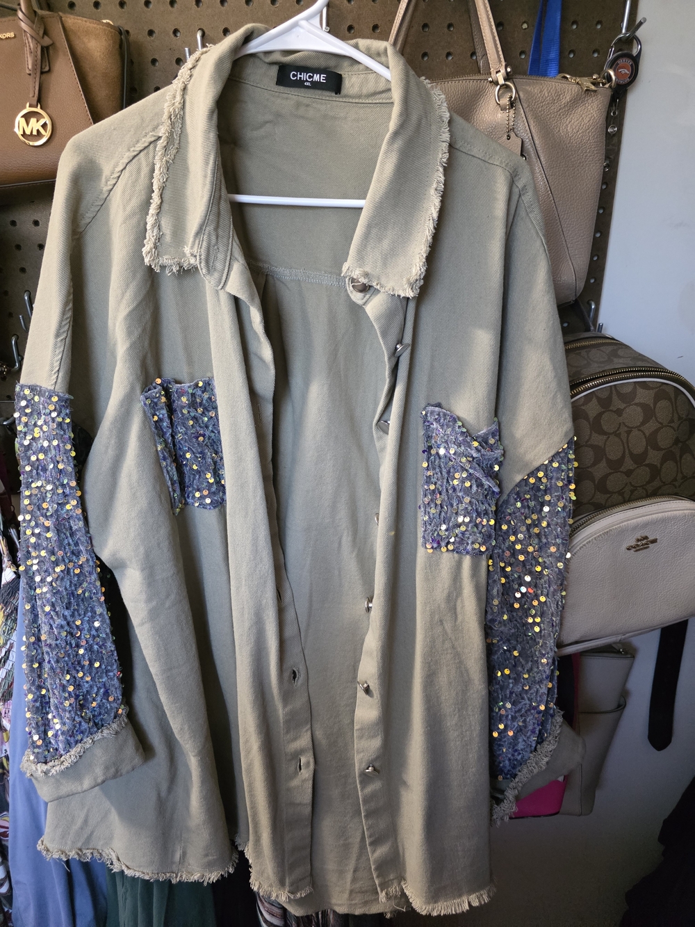 CHICME Olive Green Sequin Sleeve Shacket